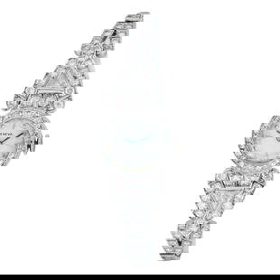 Midcentury Geneva Platinum and 14K White Gold Diamond Watch: METAL: Platinum, 14K White Gold; CONDITION: Pre-owned; ITEM WEIGHT (GRAMS): 17.4 g