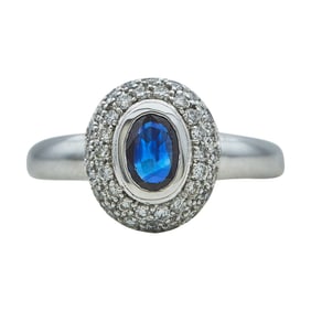 14K White Gold Oval-Cut Sapphire and Pavé Diamond Ring