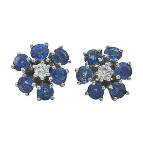 Platinum Sapphire and Diamond Forget-Me-Not Flower Stud Earrings