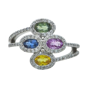 14K White Gold Multicolored Sapphire and Diamond Bypass Ring