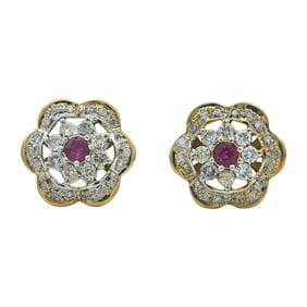 14K Yellow Gold Ruby and Diamond Floral Design Stud Earrings