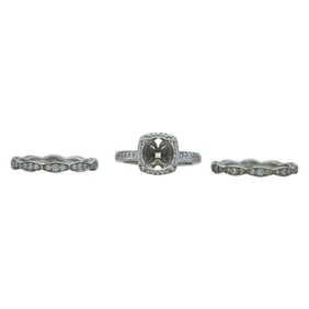 Tacori 18K White Gold Diamond Halo Engagement Ring Setting and Two Wedding Band Set