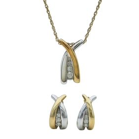 10K Yellow and White Gold Diamond X Earrings and Pendant on 14K Yellow Gold Chain