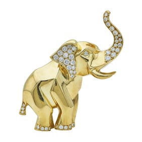 Jean Vitau 18K Yellow Gold Diamond Elephant Brooch Pin