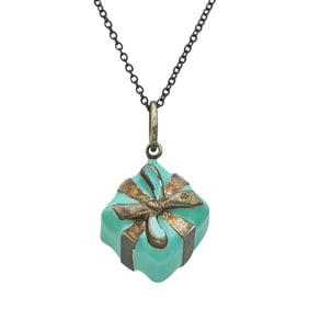 Tiffany & Co. Sterling Silver Enamel Tiffany Blue Box Present Charm Pendant Necklace