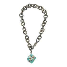Tiffany & Co. Sterling Silver Enamel Tiffany Blue Box Present Charm Bracelet
