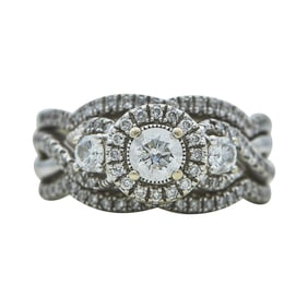 14K White Gold Diamond 3 Stone Halo Crossover Band Bridal Set Ring