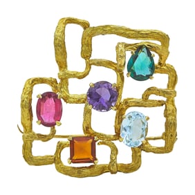 18K Yellow Gold Multi Gem-Set Vine Brooch Pin