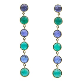 18K Yellow Gold Tanzanite and Emerald Cabochon Pendant Drop Earrings
