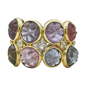 18K Yellow Gold Carved Multicolored Spinel and Colorless and Yellow Rose-Cut Diamond Band Ring