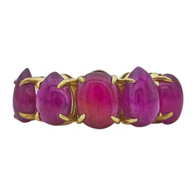 18K Yellow Gold 5 Stone Ruby Cabochon Band Ring