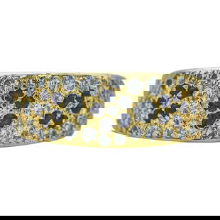 Van Cleef & Arpels 18K Yellow Gold Sapphire and Diamond Flower Band Ring: BRAND: VCA; METAL: 18K Yellow Gold; APPROXIMATE TOTAL DIAMOND WEIGHT: 0.70 ctw; GEMSTONES: Sapphire; STAMPED: Van Cleef & Arpels, N.Y. K34S; TESTED: 18K Yellow Gold; CONDITION: Pre-owned, Very Good; I