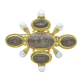 Elizabeth Gage 18K Yellow Gold Animal Intaglio Medallion and Pearl Brooch Pin