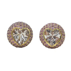 18K Yellow Gold Heart-Shaped Morganite and Pink Sapphire Ball Stud Earrings