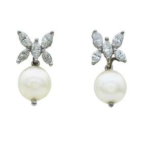 18K White Gold Diamond Butterfly Cluster and Pearl Drop Earrings