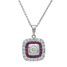 18K White Gold Ruby and Diamond Pendant on 14K White Gold Chain