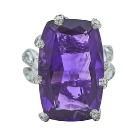 18K White Gold Amethyst and Rose and Round-Cut Diamond Ring
