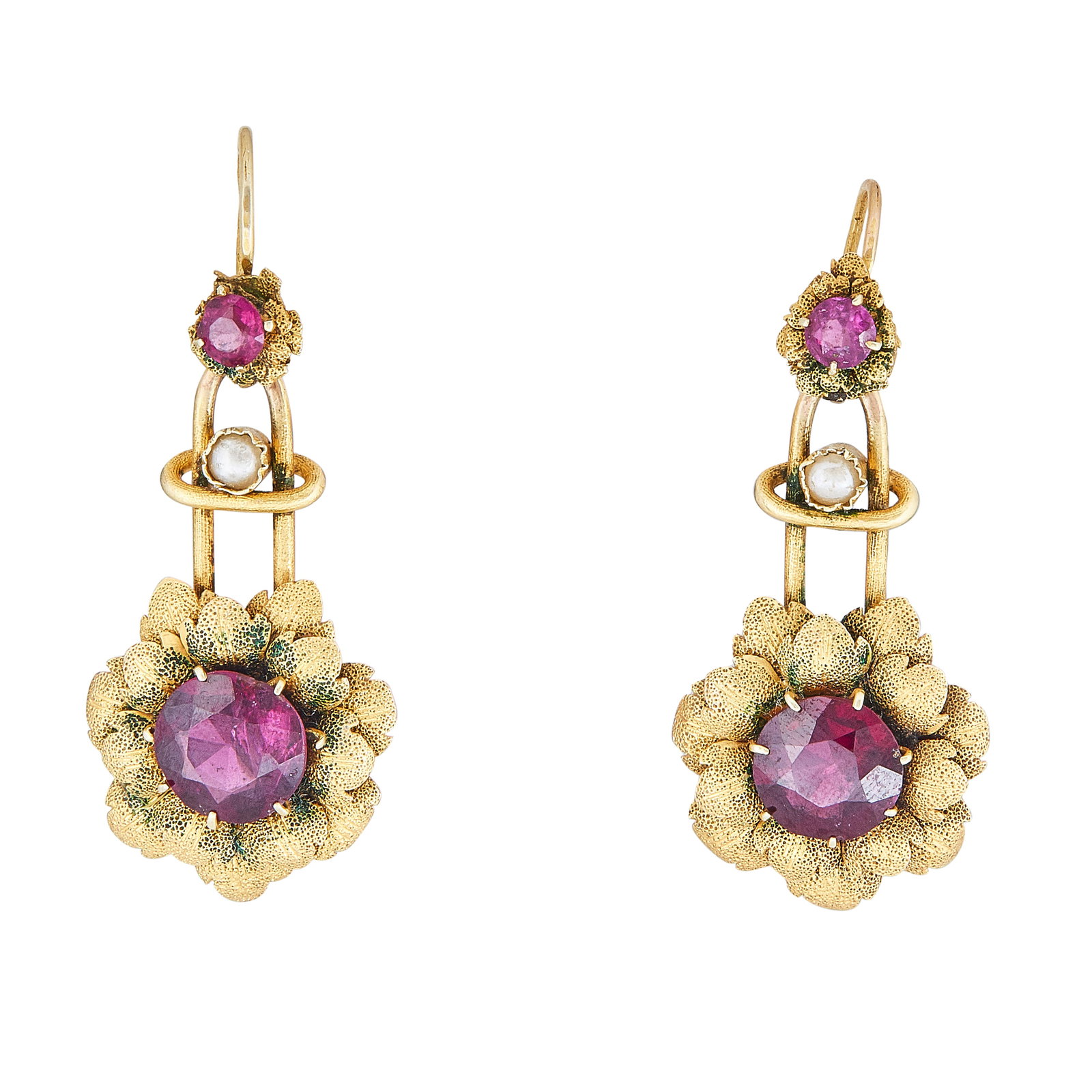 14K Yellow Gold Plated Rhodolite and Seed Pearl Flower Earrings with Removable Drops: METAL: Gold Plated; GEMSTONES: Rhodolite Garnet, Seed Pearl; TESTED: Gold Plated; CONDITION: Pre-owned, Good; ITEM WEIGHT (GRAMS): 6.4 g; MEASUREMENTS: 40mm x 17mm with wires