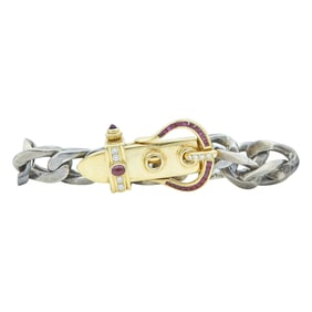18K Yellow Gold and Silver Ruby and Diamond Curb Chain Buckle Bracelet
