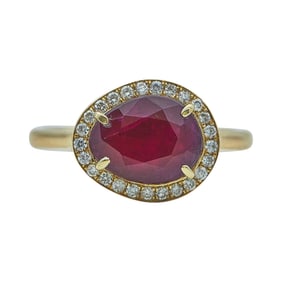 18K Yellow Gold Free Form-Cut Ruby and Diamond Halo Ring