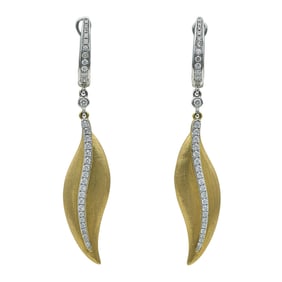 14K White and Brushed Yellow Gold Diamond Leaf Dangle Drop Earrings