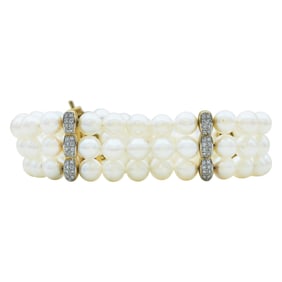 Mikimoto 18K Yellow Gold Diamond and 7mm Akoya Pearl Three Strand Bracelet