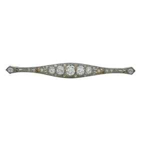Edwardian Platinum and 14K Yellow Gold Diamond Bar Brooch Pin