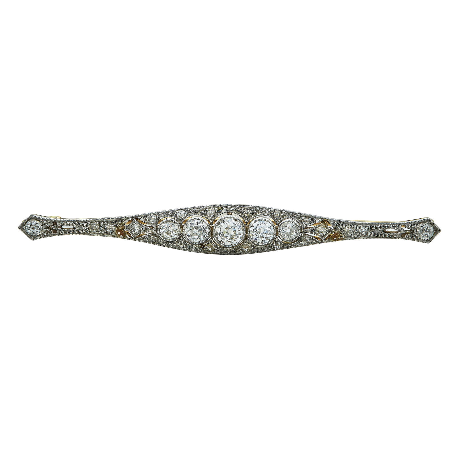 Edwardian Platinum and 14K Yellow Gold Diamond Bar Brooch Pin (1 of 3)