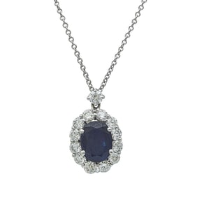 18K White Gold Oval-Cut Sapphire and Diamond Halo Pendant Necklace