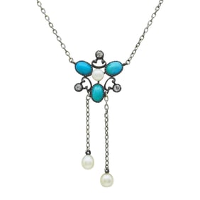 14K/10K White Gold Turquoise, Pearl and Diamond Pendant Necklace
