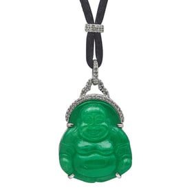 Sterling Silver Jade and Diamond Buddha Pendant on Cord Necklace
