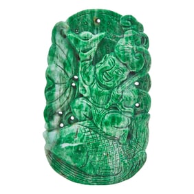 Carved Jade Accessory Depicting a Man, Coin, Lotus Flower and Fish