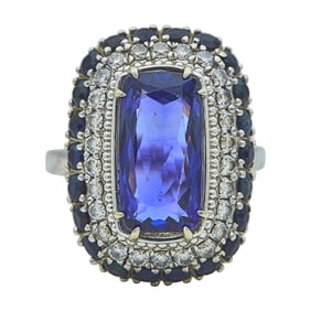 14K White Gold Elongated Cushion-Cut Tanzanite, Sapphire and Diamond Ring