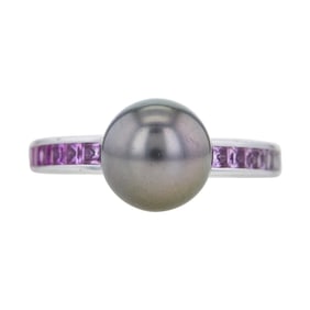 Mikimoto 18K White Gold 10.8mm Tahitian Pearl and Ombre Pink Sapphire Ring