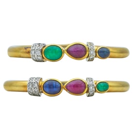Set of 2 18K Yellow Gold Ruby, Sapphire, Emerald and Diamond Hinged Bangle Bracelets