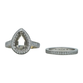 Jack Kelége Platinum Diamond Pear-Cut Halo Engagement Ring Setting and Wedding Band Set