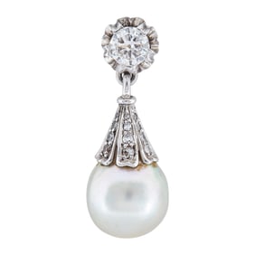 Platinum Diamond and Baroque Pearl Drop Pendant