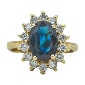 18K Yellow Gold Oval-Cut Sapphire and Diamond Halo Cluster Ring