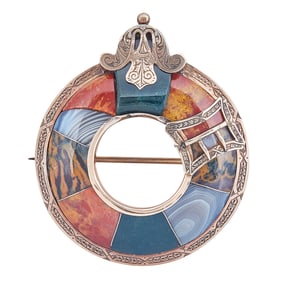 Silver Scottish Agate Garter and Buckle Motif Brooch Pin