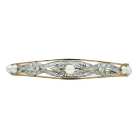 14K Yellow Gold and Platinum Filigree Diamond and Akoya Pearl Hinged Bangle Bracelet