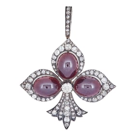 Vintage 18K Rose Gold and Silver Old Mine and Rose-Cut Diamond and Garnet Fleur-de-lis Pendant