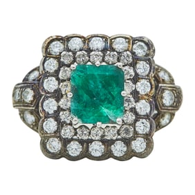 Platinum Emerald and Diamond Square Halo Ring