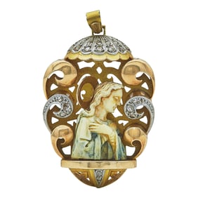 14K Rose Gold and Platinum Rose-Cut Diamond and Resin Saint Pendant Charm