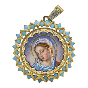 18K Yellow Gold and Platinum Diamond and Enamel Madonna Pendant Charm