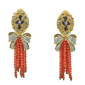 18K Yellow and White Gold Diamond Bow, Black Onyx and Red Coral Beaded Tassel Earrings