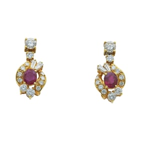 18K Yellow Gold Ruby and Mixed-Cut Diamond Cluster Drop Earrings