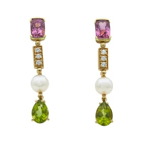 18K Rose Gold Pink Spinel, Peridot, Pearl and Diamond Flexible Drop Earrings