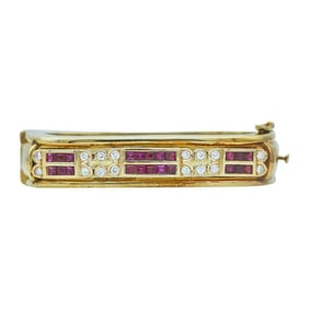 14K Yellow Gold Ruby and Diamond Square Hinged Bangle Bracelet