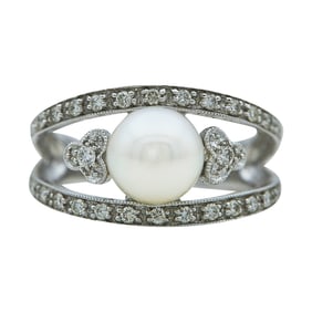 18K White Gold 7.1mm Akoya Pearl and Diamond Openwork Band Ring