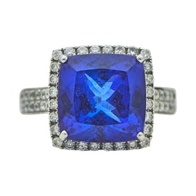 18K White Gold Cushion-Cut Tanzanite and Diamond Halo Ring
